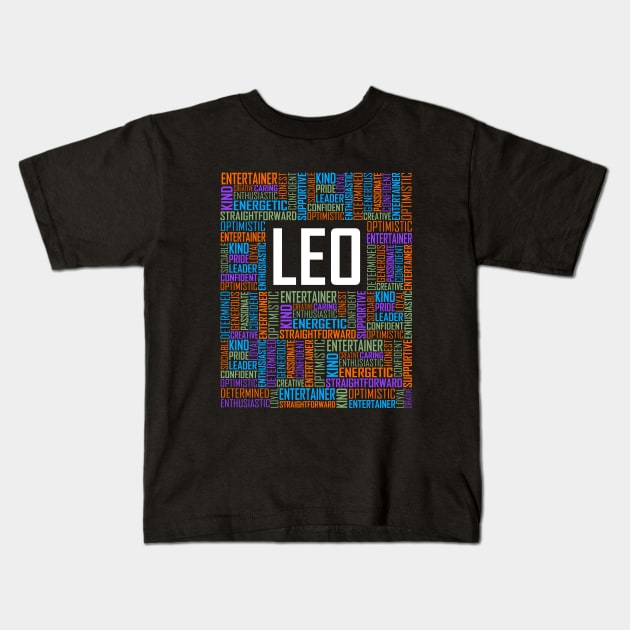 Leo Zodiac Words Kids T-Shirt by LetsBeginDesigns